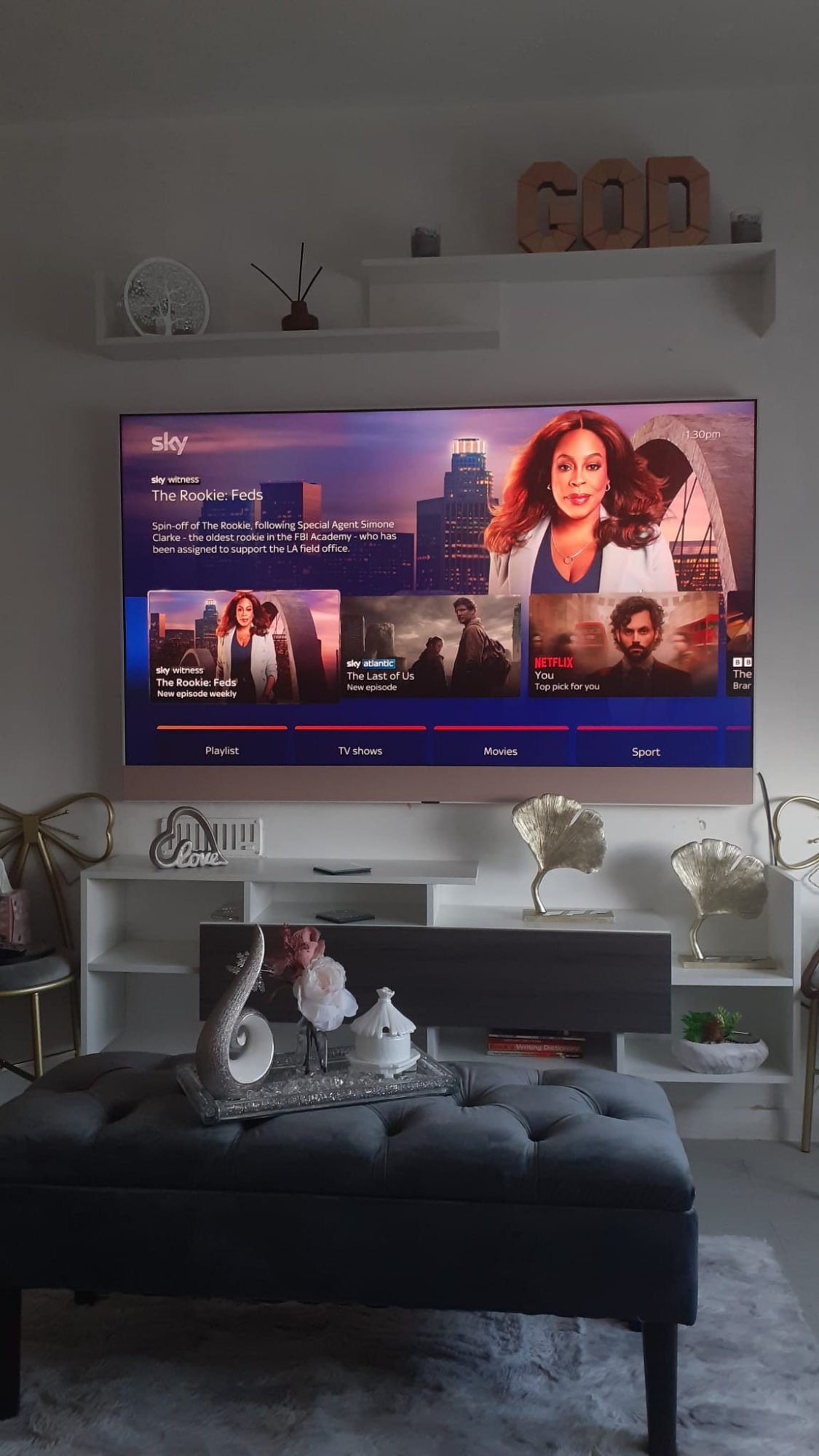 Sky Glass TV mounted with shelving Birmingham